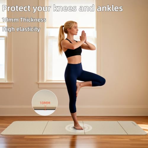 Foldable TPE Yoga Mat Thick 10mm,75" x40"Extra Large Exercise Mats - color: Beige