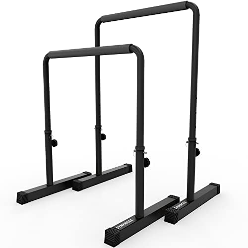 Synergee Dip Bar. Adjustable Dip Station from 30” – 39” for Dips, Inverted Pull Ups. Max capacity 400 lbs. Portable Dip Stand for Total Body Workout. Available in Yellow and Black.