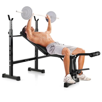 GYMAX Adjustable Weight Bench, Foldable Weight Bench with Squat Racks, Leg Extension & Leg Curl, Strength Training Workout Bench Press, Olympic Weight Lifting Bench Set for Home Gym