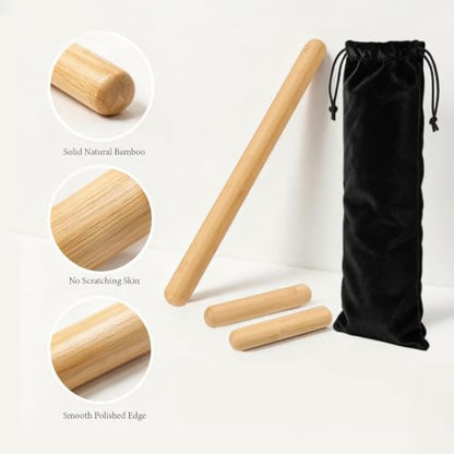 3PCS 100% Natural Solid Bamboo Massage Sticks,GuaSha Bamboo Massage Rollers for Back,Legs,Full Body,Deeply Deep Tissue Massage,Muscle Relax,Body Shaping,Portable Therapy Set(with Storage Bag)