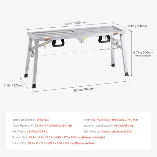 VEVOR Work Platform, 39"x 12" Portable Scaffolding Platform, Folding Steel Step Ladder Adjustable Height 19.7”-29.1”, 400 lbs Load Capacity, Non-Slip Drywall Painting Stool for Cleaning &Washing - size: 39"x 11"