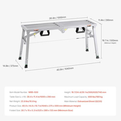 VEVOR Work Platform, 39"x 12" Portable Scaffolding Platform, Folding Steel Step Ladder Adjustable Height 19.7”-29.1”, 400 lbs Load Capacity, Non-Slip Drywall Painting Stool for Cleaning &Washing - size: 39"x 11"