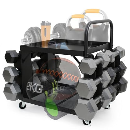 All-in-One Home Gym Storage Cart with Wheels and Handle, 2-Tier Heavy Duty Adjustable Weight Rack for Small Dumbbells, Kettlebells,Yoga Mats, Fitness Gear