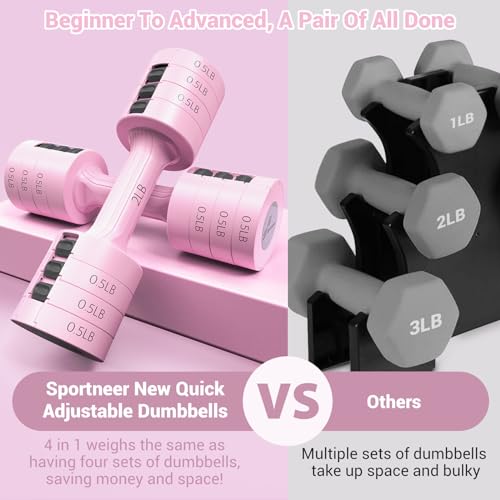 Sportneer Adjustable Dumbbells Hand Weights Set: 5 lb Dumbbell Set of 2 Each 2lb 3lb 4lb 5lb Free Weights Fast Adjust Weight 4 In 1 Weights Dumbbells Set for Women Men Home Gym Exercise Training - color: Pink