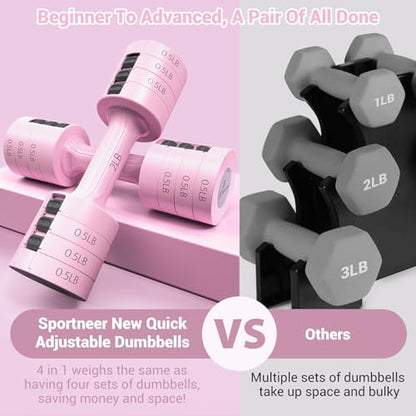 Sportneer Adjustable Dumbbells Hand Weights Set: 5 lb Dumbbell Set of 2 Each 2lb 3lb 4lb 5lb Free Weights Fast Adjust Weight 4 In 1 Weights Dumbbells Set for Women Men Home Gym Exercise Training - color: Pink