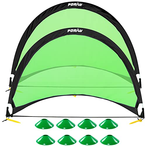 Poray Soccer Goal for Kid Easy-up Set of Two Portable Soccer Net 210D Oxford with 8 Field Marker Cones Extra Stakes Fun for Backyard and Soccer Training - color: Green, size: 2.4ft