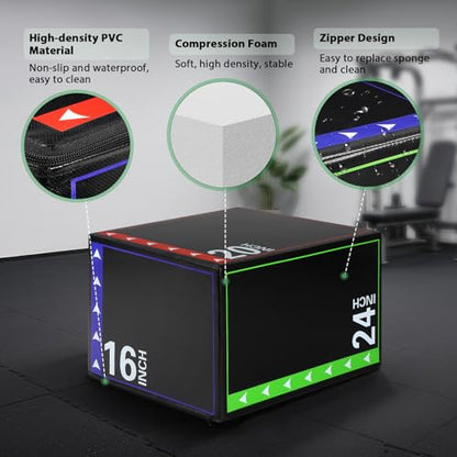 3-in-1 Plyometric Box Set (12/16/20/24/30") - High-Density EPE & Compressed Foam Jump Box for Home Gym, HIIT & CrossFit - Non-Slip Box Jumps, Step-Ups, Squats, Hip Thrusts - size: 16'' x 20'' x 24''（EPE Foam）