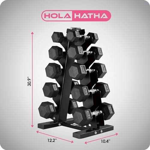 HolaHatha Hexagonal Dumbbell Free Hand Weight Set w/Rack - color: Black, style: 230lb Set
