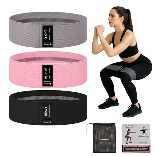 BodyForge Resistance Bands for Working Out, 3 Booty Bands for Women Men Fabric Elastic Bands for Exercise Bands for Legs Bands for Working Out Hip Thigh Glute Bands Set & with Carry Bag & Manual - color: Black-Pink-Light Grey, size: 1 Pack
