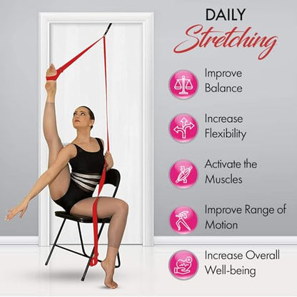 Stretching Strap With Door Anchor - Stretching Equipment to Improve Legs Flexibility - Splits Trainer For Home Ideal In Ballet, Dance, Cheerleading, Taekwondo, Yoga, Pole Dancing & Gymnastics - color: Red
