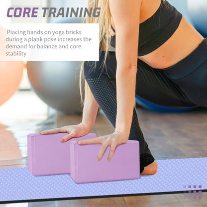 Yoga Blocks 2 Pack 3x6x9IN Foam Block Supportive Latex-Free with Stretch Band, Non-Slip Exercise Blocks for Pilates, Meditation, Balance, Stretching and Deep Poses - color: 2PACK-Lilac