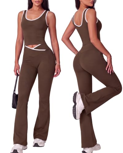 Coume Women 2 Piece Seamless Workout Sets Crossover Flare Leggings Crop Tank Top Matching Set Color Block Gym Yoga Outfits - color: Brown, size: Medium