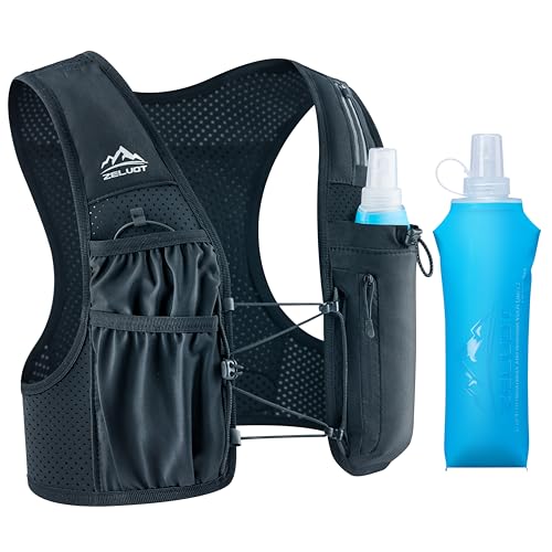Zelvot Running Vest for Women Men, US Patent, Adjustable Chest Straps Running Hydration Vest with 500ml Soft Flask, Lightweight Reflective Hydration Backpack for Marathon - color: Black, size: Medium-Large (1 Soft Flask)