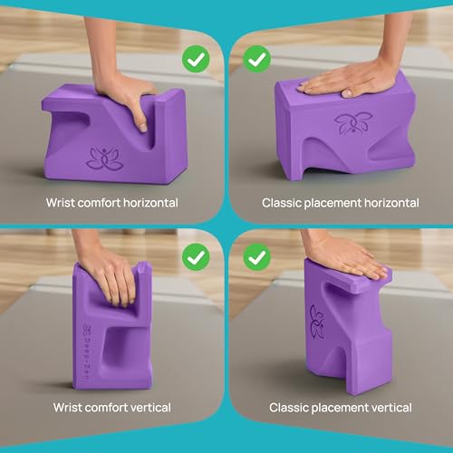 PRO Yoga Blocks | Ergonomic Yoga Block 2 Pack for Wrist Comfort and Support | EVA Foam Exercise Blocks, 2x Knee Pads & Yoga Strap | Pilates Block Set | Bricks to Eliminate Wrist Pain - color: Purple