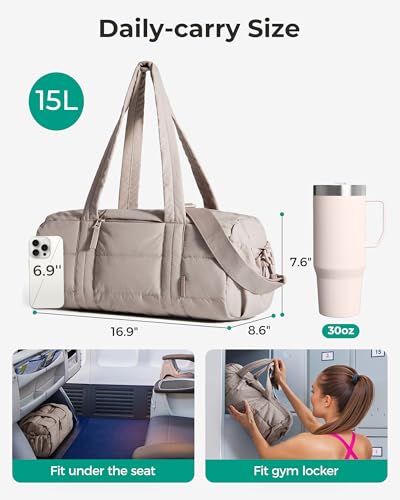 BAGSMART Reiki Gym Bag for Women, Puffy Quilted 15L Yoga Mat Bag with Wet Pocket, Mini 5L Crossbody Dance Bag, 24L Travel Weekender Carry-on Duffle Bag