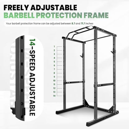 Space-Saving Power Cage for Small Home Gym, 1200 LBS Weight Capacity 2x2 Steel Squat Rack with Multi-Grip Pull Up Bar, Adjustable J-Hooks & Safety Bars for Full Body Workout, Smith Machine