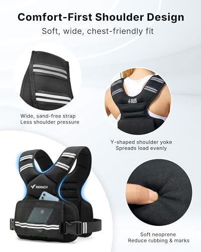 MERACH Weighted Vest for Women, Adjustable Weight Vest with Front Phone Pockets & Iron Sand Bags, Rucking Vest with Reflective Stripe for Strength Training, Walking, Running, Cardio, Home Workout