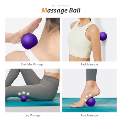 5 in 1 Foam Roller Set for Deep Tissue Muscle Massage, High Density Trigger Point Fitness Patented Exercise Foam Roller, Massage Roller, Massage Ball, Resistance Band, for Whole Body(Purple)