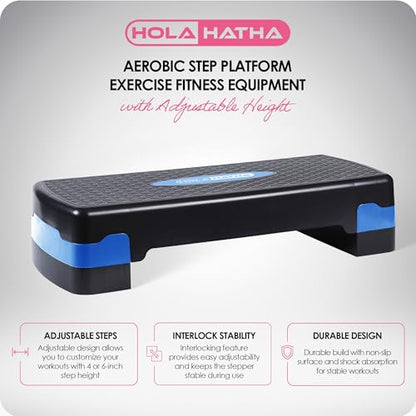 HolaHatha Compact Portable Aerobic Step Platform Exercise Fitness Equipment, Cardio Stepper with Adjustable Height for Home Gym - color: Black/Blue