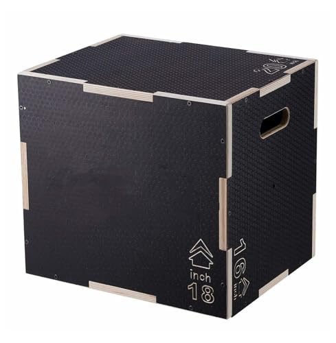 Plyometric Jump Box 3-in-1, 20/18/16 Inch Wooden Plyo Box for Fitness, Agility Training, Step Up Platform - Home Gym Equipment, Black