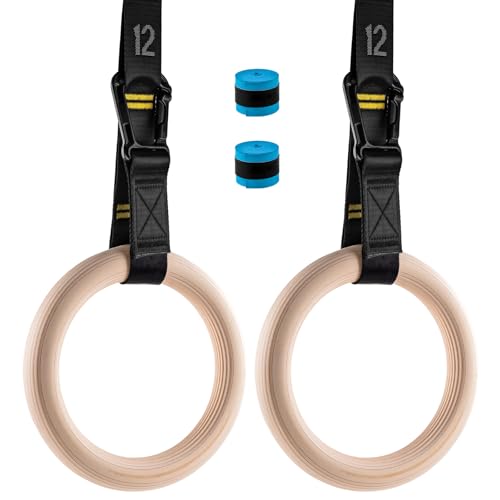 Wooden Gym Rings with 9ft Double-Layer Numbered Straps Quick Adjust. 1.25” Olympic Rings for Home Gym Small Apartment Hotel Camping Full Body Workout Calisthenics Strength Training Body