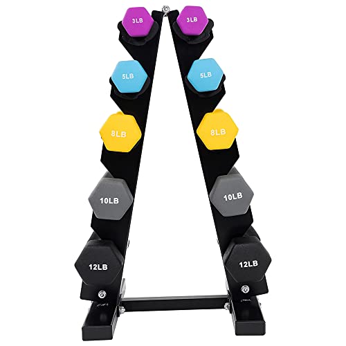 BalanceFrom Neoprene Coated Iron Dumbbell Hex Weights Set with Stand – Color-Coded or Black Options with Non-Slip Grip for Strength Training, Resistance Workouts, and Home Gym Fitness