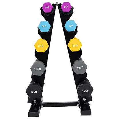 BalanceFrom Neoprene Coated Iron Dumbbell Hex Weights Set with Stand – Color-Coded or Black Options with Non-Slip Grip for Strength Training, Resistance Workouts, and Home Gym Fitness