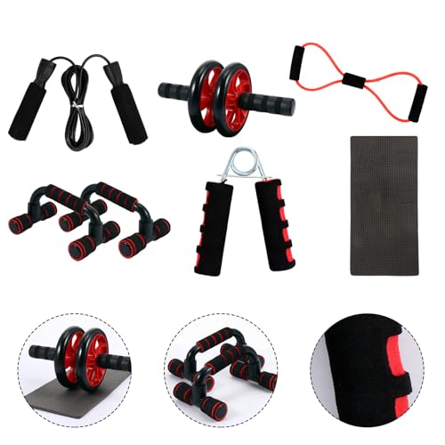 Abdominal Roller Wheel 7pcs Set Red Dual-wheel Exercise Roller with Knee Pads Unisex Core Strength Trainer for Home Ab Workout and Fitness Training
