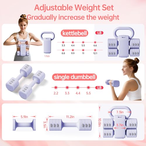 Adjustable Kettlebell Set, 4-in-1 Free Weight Kettlebell sets (5.5lbs 7.7lbs 9.9lbs 12.1lbs) for women, Hand Weight Dumbbell Set of 2 for Home Gym Fitness Training