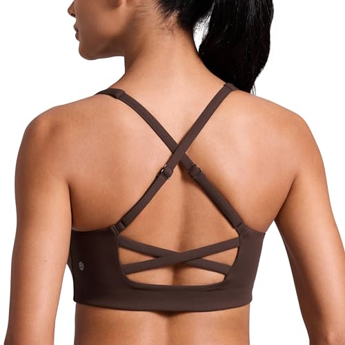 CRZ YOGA Butterlift Cross Back Sports Bras for Women - Scoop Neck Adjustable Straps Wireless Padded Pilates Workout Top - color: Hot Fudge Brown, size: Small