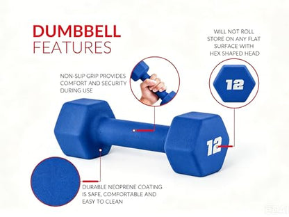 12 lb Neoprene Hex Dumbbell, Single, Non-Roll Design with Comfort Grip for Home Gym, Strength Training, HIIT Workouts for Men & Women