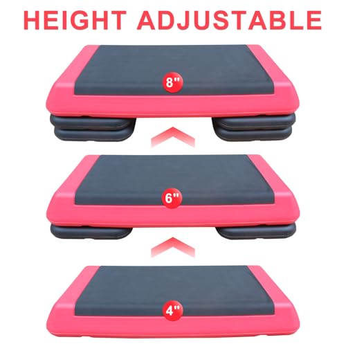 Adjustable Workout Aerobic Stepper In Fitness & Exercise Step Platform Trainer Red Black With 2 Risers