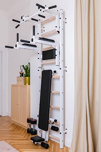 Swedish Ladder Wall Bar - Indoor Chin Up Bar Workout Equipment for Home Exercise, Physical Therapy, Gymnastics, Fitness (WallBars + Convertible Pullup Bar + Dip Bars + Bench, White)