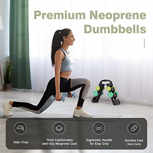 LIONSCOOL Set of 2 Neoprene Coated Dumbbell Hand Weights, Anti-Slip and Anti-Roll Hex Dumbbells in Pair for Strength Training, Resistance Training - style: 18lb, set of 6 with stand (Daylight Prairie)