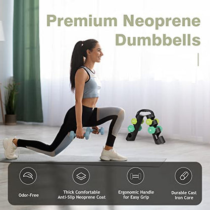LIONSCOOL Set of 2 Neoprene Coated Dumbbell Hand Weights, Anti-Slip and Anti-Roll Hex Dumbbells in Pair for Strength Training, Resistance Training - style: 18lb, set of 6 with stand (Daylight Prairie)