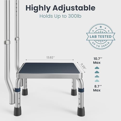Pelegon Adjustable Step Stool with Handle for Elderly (300LB Capacity) – Bedside Safety Step for High Beds, Height Adjustable Platform & Handle, Non-Slip Stable Frame, Easy Assembly
