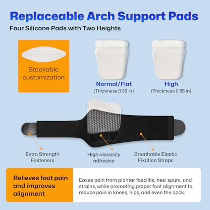 Arch Support Braces with Replaceable Gel Pads, Adjustable Orthotic Arch Support for Women Men, Relief for Plantar Fasciitis, High Arch, Flat Feet, Foot Fatigue, Arch Pain, 4 Pads with 2 Heights