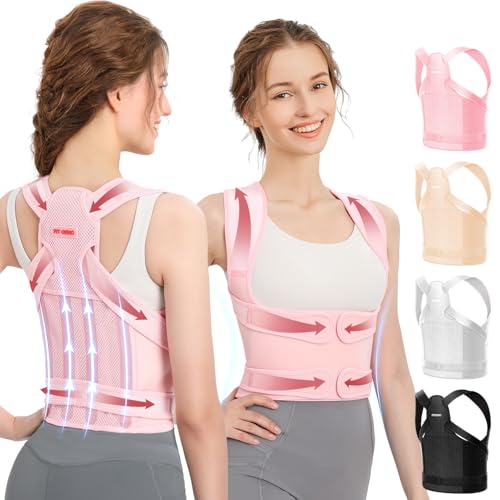 Fit Geno Back Brace Posture Corrector for Women and Men, Shoulder Straightener, Adjustable Full Back Support, Upper and Lower Back Pain Relief - Scoliosis, Hunchback, Thoracic, Spine Corrector (M) - color: Pink, size: Medium