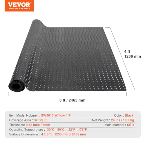 VEVOR Diamond-Plate Rubber Flooring Roll, 3 mm x 4 ft x 8 ft Floor Mat, SBR Rubber Roll, Easy to Clean, for Under Cars, Garage, Industry, Gym, Black - size: 96"L x 48"W x 0.12"Th