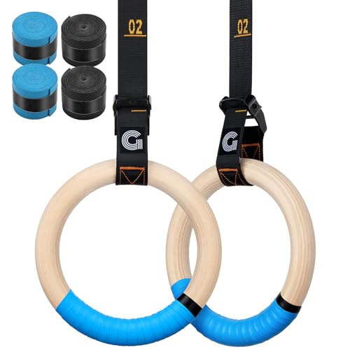 Gonex Wooden Gymnastic Rings with Adjustable Number Straps, Olympic Rings for Gym, Workout, Exercise, Outdoor Training, Quick Install Carabiner, 8.7 ft Straps Pull Up Non-Slip Rings