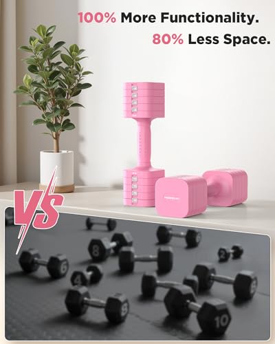 FEIERDUN DB3 5-in-1 Adjustable Dumbbell Set, 6LB/10LB Pair Adjustable Weights for Women at Home, Dual Locking Stable Hand Weights with TPU Soft Handle, Home Gym, Rehab, Pilates, Yoga, Strength Training - color: B-Cute Pink, style: 10LBS Pair (20LBS Total)