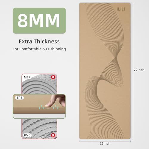 ILILI Yoga Mat, TPE Exercise Mat, Tear-Resistant, Fitness Yoga Mat with Carrying Strap, 72''x25''×0.3''(8mm), Ideal for Yoga, Pilates, Home Workouts, Stretching & All Fitness Routines - color: beige
