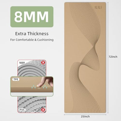 ILILI Yoga Mat, TPE Exercise Mat, Tear-Resistant, Fitness Yoga Mat with Carrying Strap, 72''x25''×0.3''(8mm), Ideal for Yoga, Pilates, Home Workouts, Stretching & All Fitness Routines - color: beige