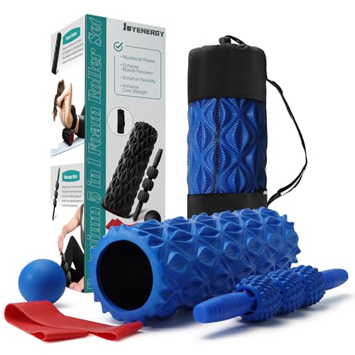 JOYENERGY 5 in 1 Foam Roller Set Trigger Point Foam Roller, Massage Roller Stick, Massage Ball, Stretching Strap for Deep Muscle Massage Pilates Yoga, Fitness Exercise for Whole Body (Blue Diamond) - color: Blue Diamond