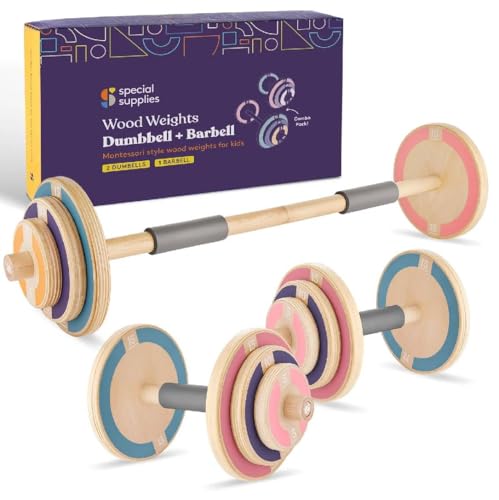 Special Supplies Kids Wooden Workout Play Weights Set - Adjustable Dumbbells and Barbell Set for Home Gym Equipment, Exercise Workout Set for Fitness Activities (Barbell + Dumbbells)