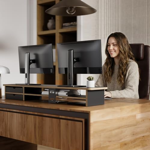 Fenge Monitor Stand, Desk Computer Riser with Frosted Storage Drawer, Black - color: Black