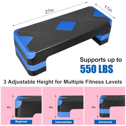 27" Exercise Workout Aerobic Step Platform with Adjustable 4"-6"-8" Risers - color: Blue