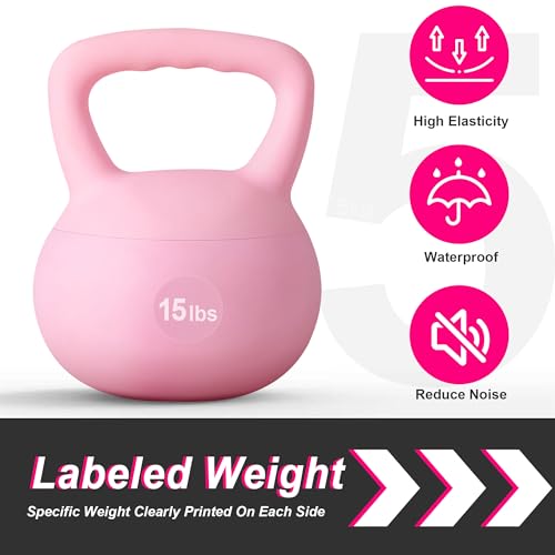 soges PVC One-Piece Kettlebell with Wide Handles, Strength Training Kettlebells 5lb to 35lb Optional for Women of Different Levels, Iron Sand Filled Soft Kettlebell - color: 15lbs - Pink