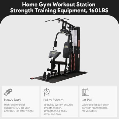 BalanceFrom Multifunctional Steel Frame Home Gym Machine with Floor Mat – Strength Training Workout Station with 160-Pound Weight Stack, LAT Pull & Low Row Bars, 4-Roll Leg Developer & Press