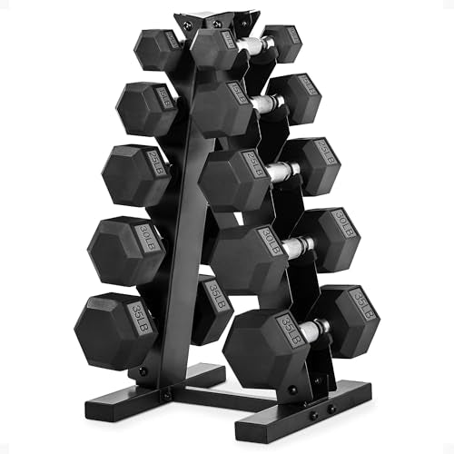 HolaHatha Hexagonal Dumbbell Free Hand Weight Set w/Rack - color: Black, style: 230lb Set